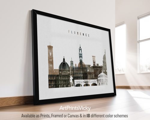 Framed artwork depicting a cityscape of Florence with notable buildings and structures.