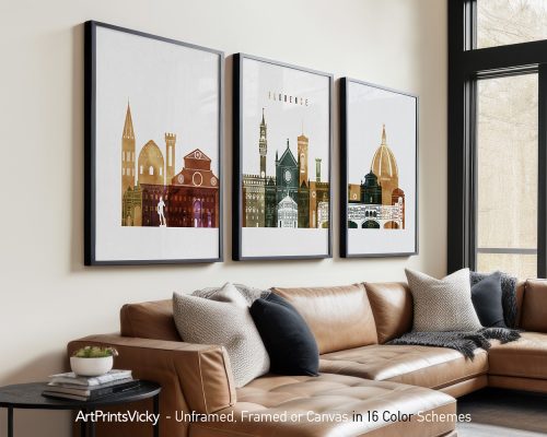 Three framed art prints depicting notable buildings in Florence, Italy, arranged in a row.