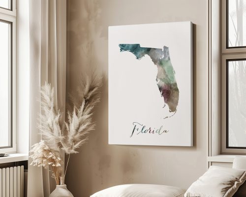 Map of Florida illustrated with watercolor effects in various colors on a canvas.