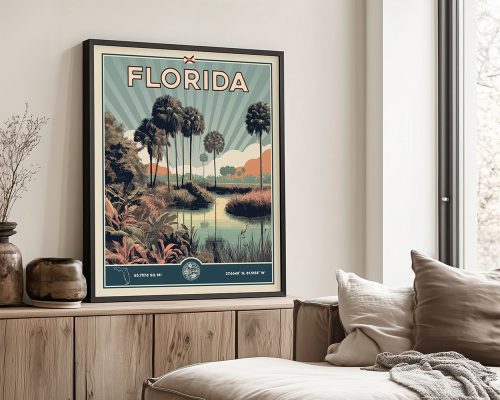 Retro travel poster featuring palm trees and a scenic landscape with the word 'Florida'.