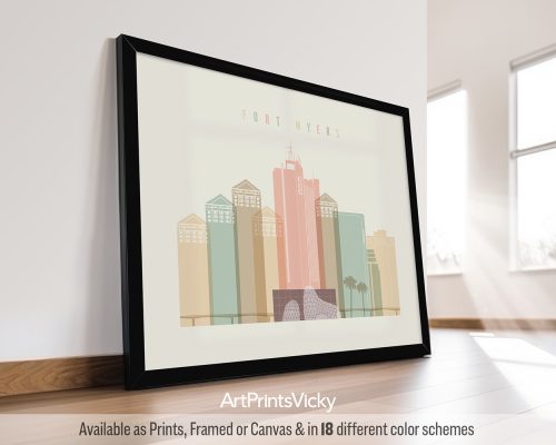 Art print featuring a stylized cityscape of Fort Myers with various buildings in pastel colors.