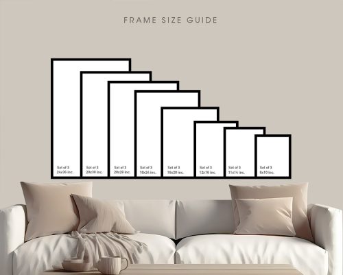 Visual representation of various frame sizes displayed on a wall with a sofa in front.