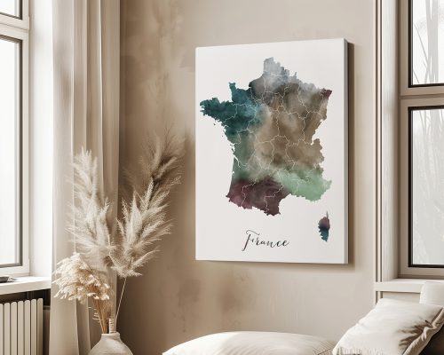France Map Wall Art Poster, featuring the iconic country in earthy watercolors. Available as unframed, wooden framed or wrapped canvas by ArtPrintsVicky.
