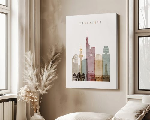 Artistic representation of Frankfurt's skyline with various buildings and structures in muted colors.