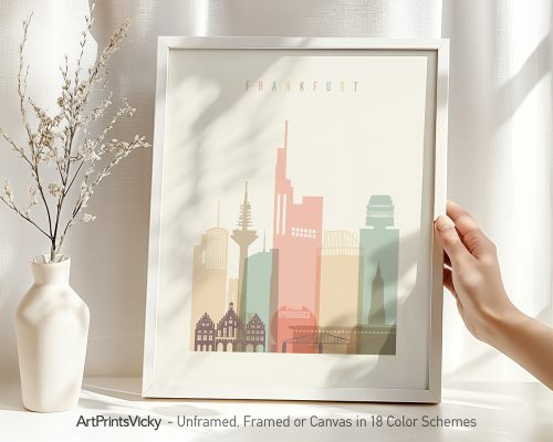 Stylized cityscape print of Frankfurt featuring notable buildings in soft colors.
