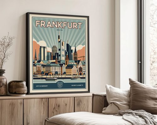 Retro poster of Frankfurt featuring city skyline and historical buildings with a sunburst background.