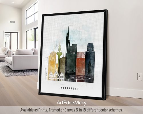 Art print featuring a stylized cityscape illustration of Frankfurt with various building silhouettes.