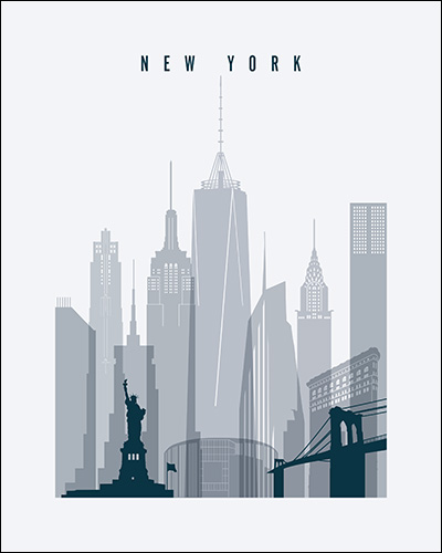Stylized illustration of the New York City skyline featuring the Statue of Liberty and various skyscrapers.