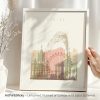 Art print featuring a stylized depiction of Geneva with notable landmarks and a color gradient.
