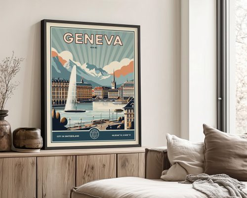 Retro poster of Geneva featuring a lake, fountain, and mountains in the background.
