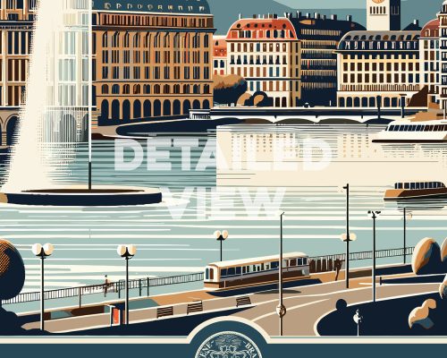 Illustration of a retro cityscape featuring a fountain, buildings, and a tram in Geneva.