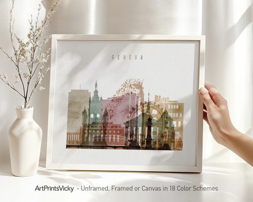 Art print of Geneva cityscape featuring buildings and a ferris wheel in a framed display.