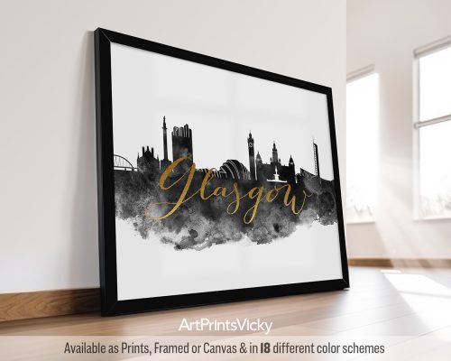 Framed print of Glasgow skyline with text 'Glasgow' in gold lettering on a watercolor background.