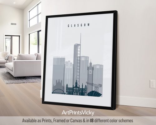 Framed print of a cityscape featuring Glasgow's skyline with notable buildings.