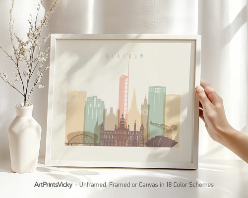 Illustration of Glasgow city skyline with notable buildings and a light color palette.