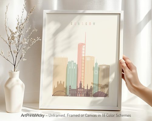 Art print of the Glasgow city skyline featuring notable buildings in a minimalist style.