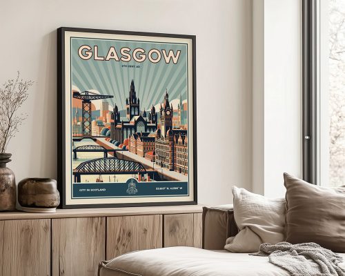 Retro-style poster featuring Glasgow's skyline with notable buildings and a bridge.
