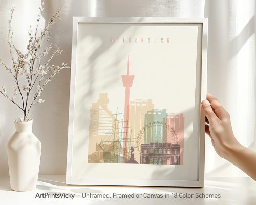 Art print of Gothenburg cityscape featuring notable buildings and structures in pastel colors.