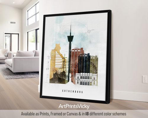 Art print featuring a stylized cityscape of Gothenburg with buildings and a tower.