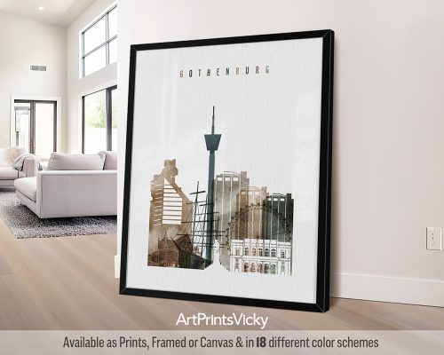 Art print featuring a stylized cityscape of Gothenburg with notable buildings and structures.