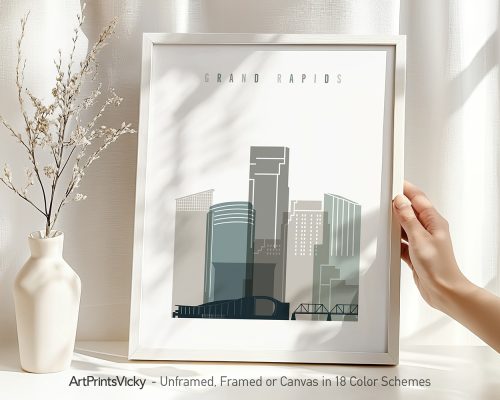 Art print of a cityscape featuring buildings in Grand Rapids with a minimalist design.