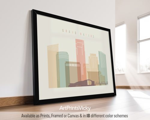 Framed cityscape print of Grand Rapids featuring buildings and a bridge in muted colors.