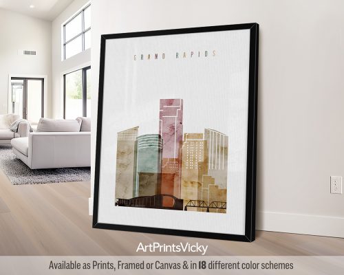 Art print of a cityscape featuring buildings and a bridge with the text 'Grand Rapids'.
