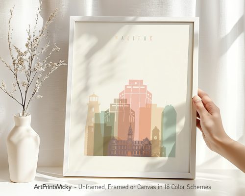 Illustration of Halifax city skyline in pastel colors displayed in a frame.
