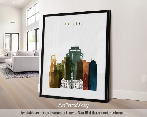 Art print featuring a stylized cityscape of Halifax with various buildings and colors.