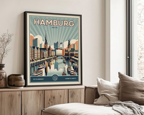 Retro-style poster of Hamburg featuring buildings and boats along a river.
