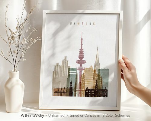 Art print featuring a stylized cityscape of Hamburg with notable buildings and landmarks.