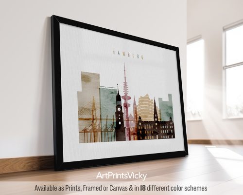 Framed artwork depicting a stylized cityscape of Hamburg with notable buildings and landmarks.