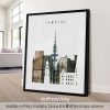 Art print featuring a stylized cityscape of Hamburg with notable buildings and structures.