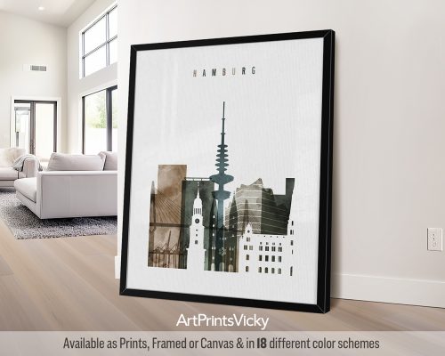 Art print featuring a stylized cityscape of Hamburg with notable buildings and structures.