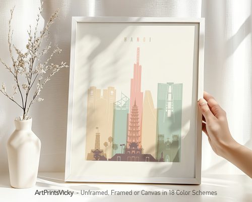 Art print featuring a stylized illustration of Hanoi's skyline with notable landmarks.