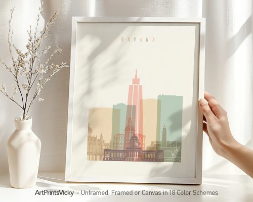 Art print featuring a stylized illustration of Havana's skyline with the word 'Havana' at the top.
