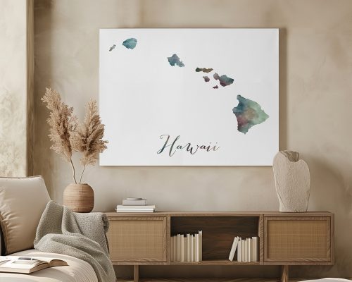 Map of Hawaii depicted in watercolor style with the word 'Hawaii' at the bottom.