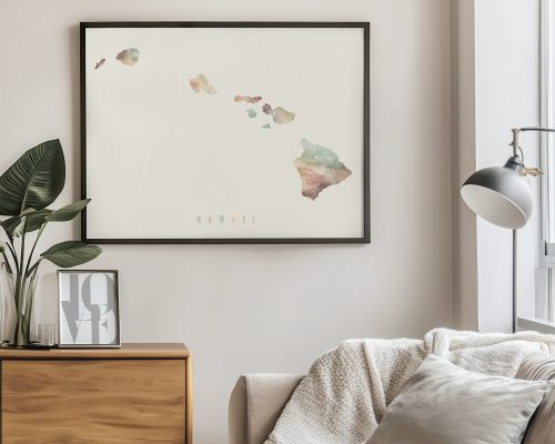 Hawaii Map Wall Art Poster, featuring the state map in warm pastels. Available as unframed, wooden framed or wrapped canvas by ArtPrintsVicky.