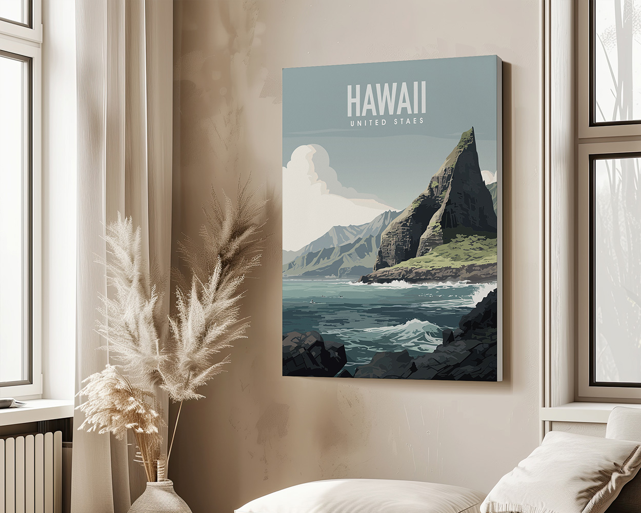 Art print featuring a stylized landscape of Hawaii with mountains and ocean.