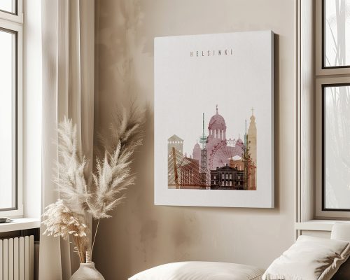 Artistic representation of Helsinki's skyline featuring notable buildings and structures.