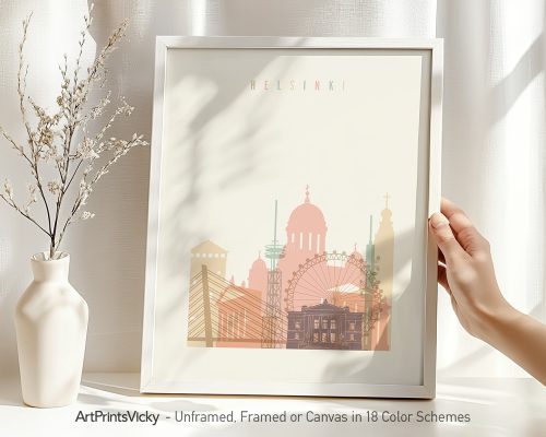 Art print featuring a stylized depiction of Helsinki's skyline with notable landmarks.