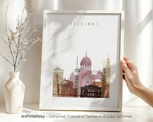 Art print featuring a stylized cityscape of Helsinki with notable buildings and landmarks.