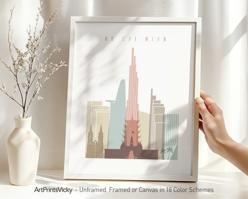 Art print of Ho Chi Minh City featuring stylized buildings and landmarks in pastel colors.