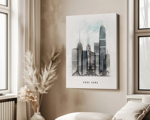 Artistic representation of the Hong Kong skyline featuring skyscrapers and traditional architecture.