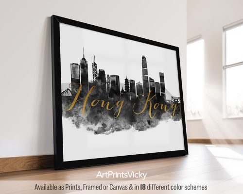 Framed artwork of the Hong Kong skyline with a watercolor effect and gold lettering.