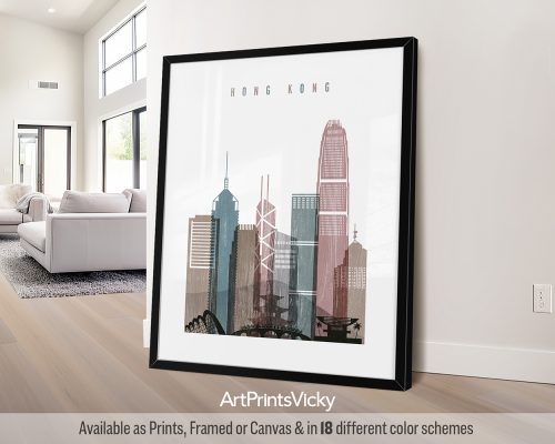 Art print of a stylized cityscape featuring buildings from Hong Kong in various colors.