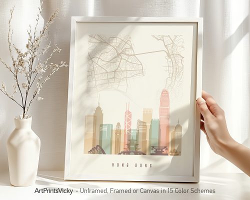 Framed map of Hong Kong featuring a detailed city layout and skyline illustration.