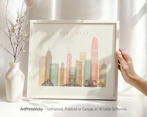 Illustration of a cityscape featuring buildings in Hong Kong with a pastel color scheme.