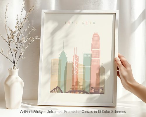 Art print featuring a stylized cityscape of Hong Kong with pastel colors and notable buildings.