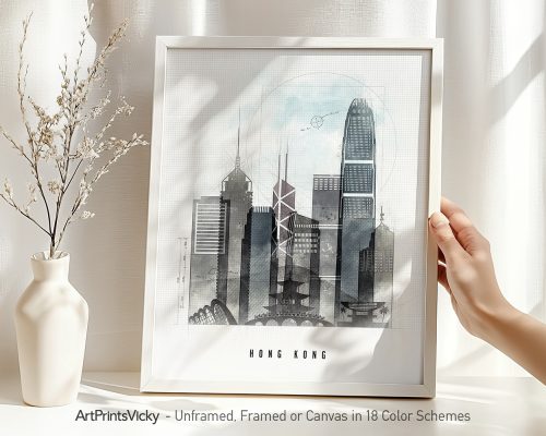 Framed artwork depicting a cityscape of Hong Kong with skyscrapers and a grid background.
